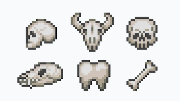 Animal and human skulls pixel art set different bones collection 8 bit sprite