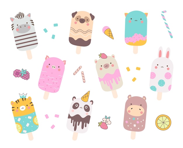 Vector animal ice cream on stick eskimo cute animals collection sweet lollipops children summer dairy and fruits dessert funny baby food nowaday vector set