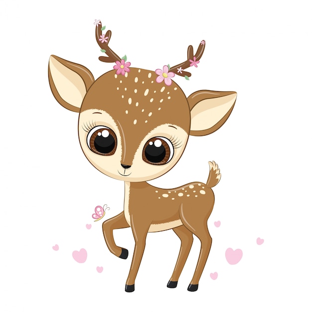 Animal illustration cute little deer with flowers.