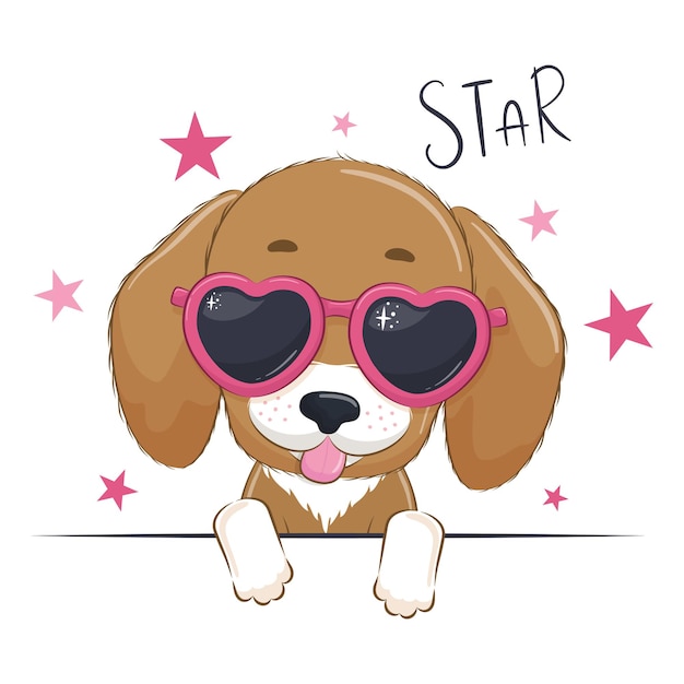 Vector animal illustration with cute girl dog with glasses.