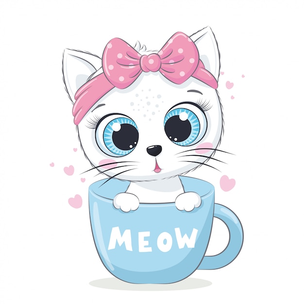 Animal illustration with cute little cat in cup.