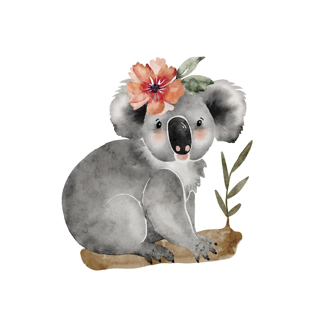 Animal koala with a flower on a tree branch, watercolor illustration.