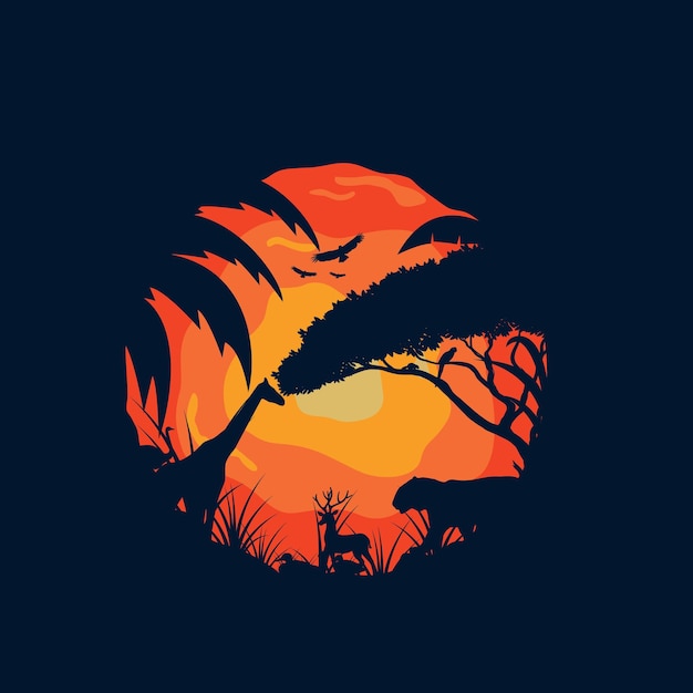 Animal logo illustration in the forest with Sunset Outdoor vector design inspiration