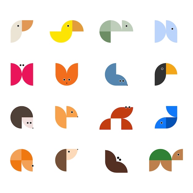 Animal logos in flat style. Set of colorful flat animals. Vector cartoon animals.