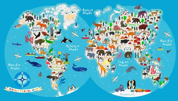 ベクトル 子供と子供のための世界の動物地図。ベクトルイラスト。