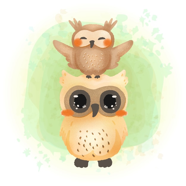 Animal Mother and Baby Owl in Watercolor Style for Mother's Day Celebration