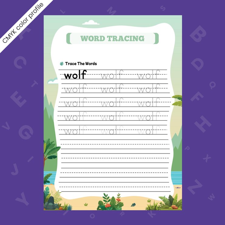 Vector animal name tracing worksheet for kids wolf