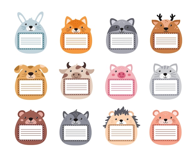 동물 공책 레이블 애완 동물 얼굴과 태그 테두리 벡터 세트가 있는 귀여운 파스텔 스크랩북 태그 스티커 공책 소유자 이름 프레임