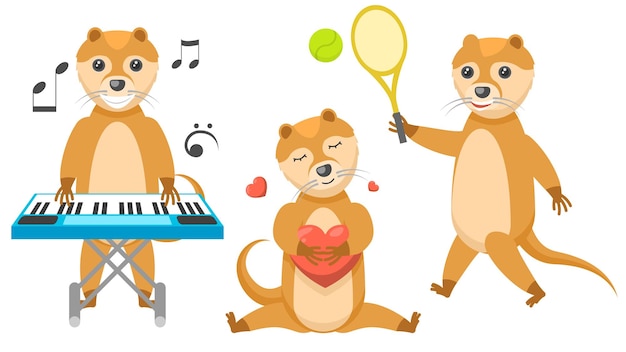 Animal Otters speelt de synthesizer, knuffelt het hart, speelt badminton Vector