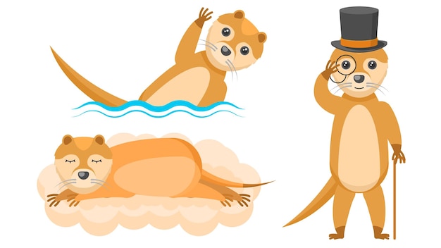 Animal Otters In A Top Hat And With A Cane, Swim, Floats, Sleeping On A Cloud Vector