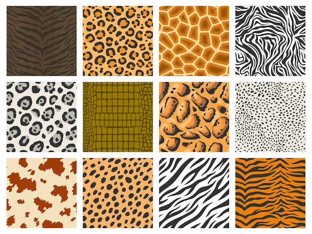 Animal pattern tiger leopard zebra skin texture collection reptile and mammal camouflage printing animal fur pattern vector safari background