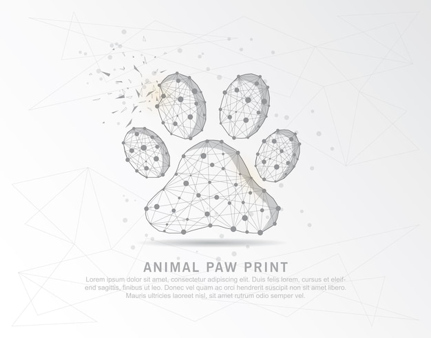동물 발자국 프린트 추상 매쉬 라인 및 구성 디지털로 어진 부분 삼각형 모양과 어진 점의 형태로 그려졌습니다.