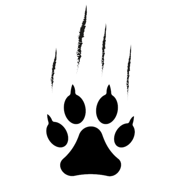 Vector animal paw print silhouette with claw marks scratches talons cuts cat tiger dog lion