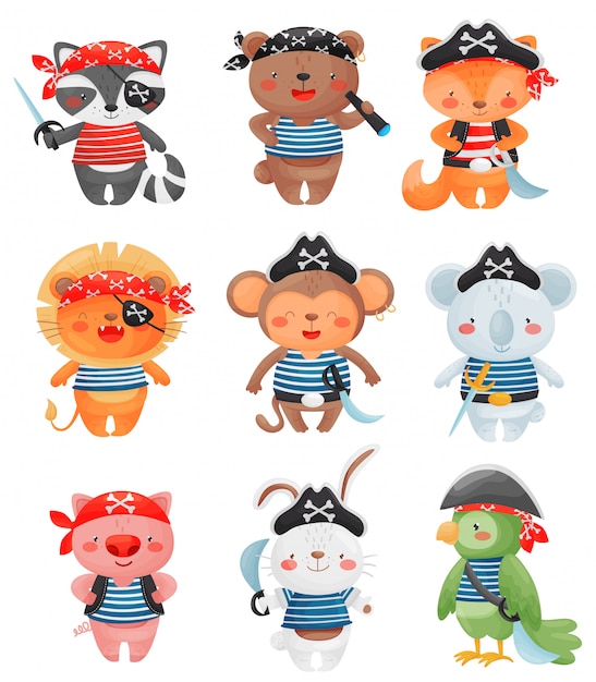 Vector animal pirates characters in cartoon style. set of cute funny little pirates  illustration.