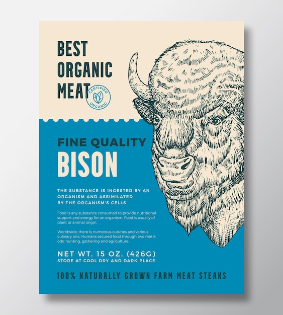 Animal portrait organic meat abstract vector packaging design or label template farm grown bison ste...