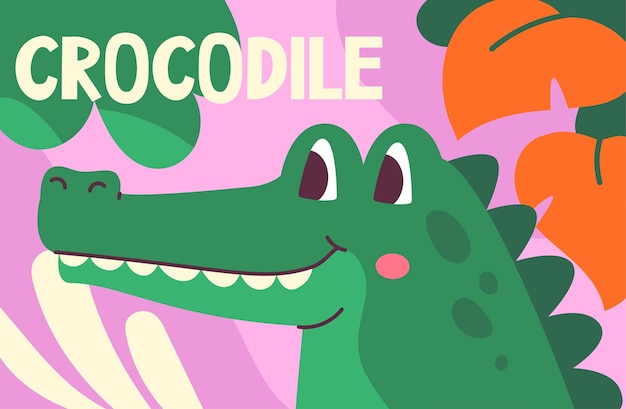 Animal poster with crocodile concept mammal with leaves at background flora and fauna of tropical