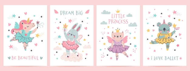 Animal princess in tutu. magic fairy unicorn, bunny, cat and koala in ballet dresses. scandinavian nursery ballerina print design vector set. illustration ballet and unicorn, koala and bunny