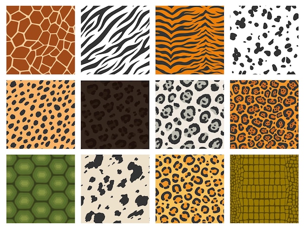 Animal print reptile and mammal texture collection tiger leopard zebra skin camouflage printing animal fur pattern vector seamless fashion set