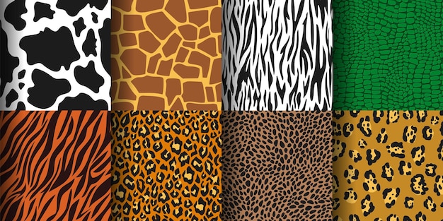 Vettore stampa animale motivo senza cuciture tigre leopardo pelle sfondo ghepardo zebra giraffe pelli animali della giungla selvaggia stampe texture vettore set