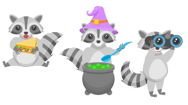 Vector animal raccons eating a sandwich, brewing a potion in a vat, through binoculars vector