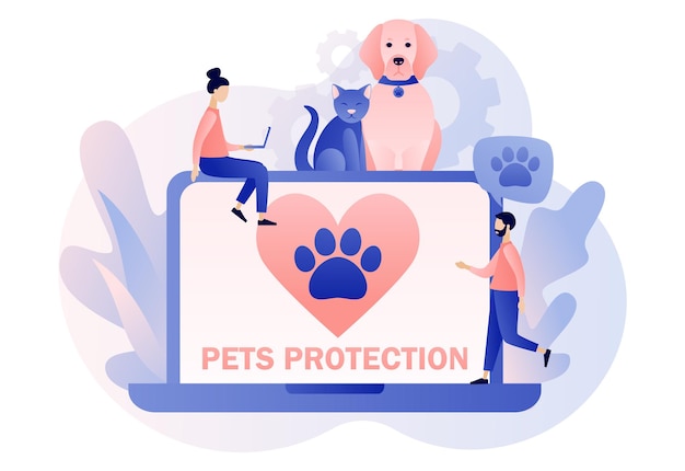 Animal rescue and pet protection Heart and paw on laptop screen as symbol support and love pets