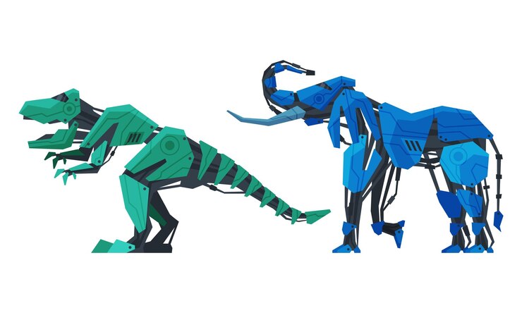 Vector animal robot with mechanical paw and metal body vector set