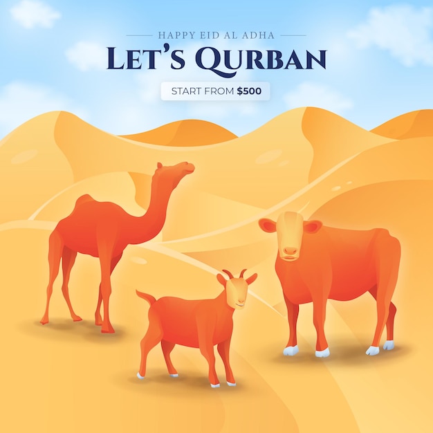 Знамя жертвоприношения животных для исламского праздника ид аль адха мубарак с козой, коровой и верблюдом