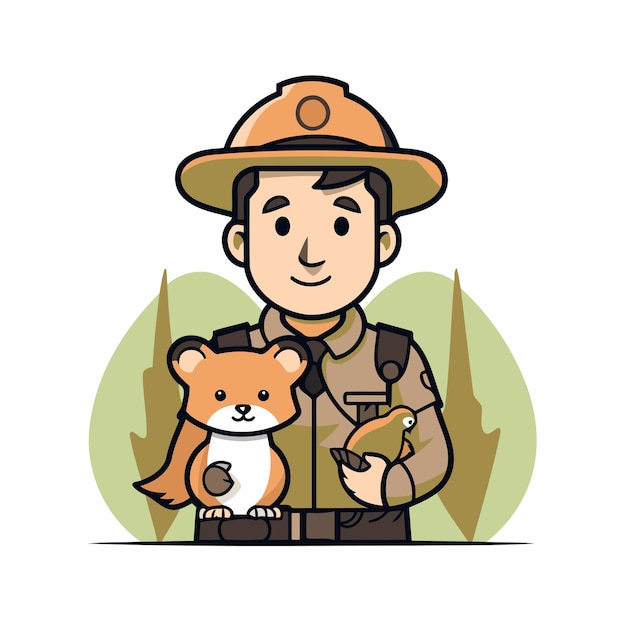 Vector animal safari hunter with a dog in his hand vector illustration