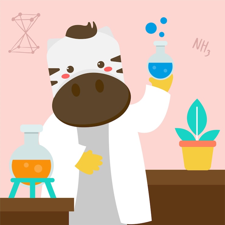 Vector 그래픽 디자이너 벡터 일러스트레이션을 위한 만화 캐릭터의 테스트 튜브 dna 기호와 과학 장비가 있는 실험실에서 흰색 코트를 입은 동물 과학자