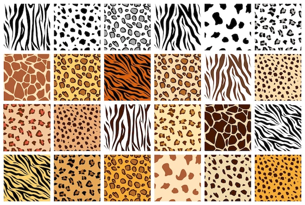 Set di motivi animali senza cuciture mammiferi pelliccia collezione di pelli di stampa predatori ghepardo giraffa tigre zebra leopardo bovini dalmata giaguaro sfondo stampabile illustrazione vettoriale