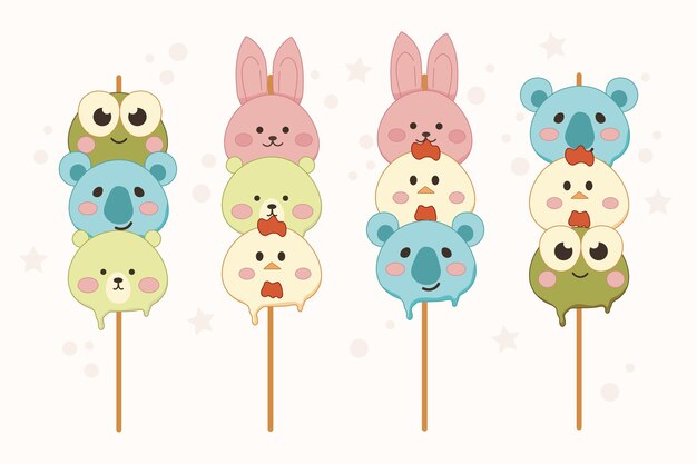 Vettore set di alimenti dolci asiatici dango a forma di animale. rana, koala, orso, coniglio, pollo. poster di cibo kawaii