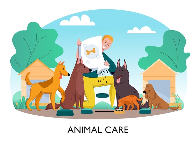 Animal shelter feeding dogs composition illustration