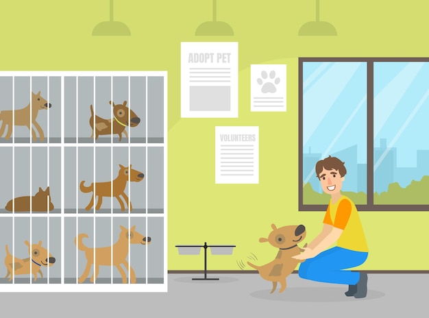 Vector animal shelter with dogs in cages male volunteer man caring for homeless animals vector illustration