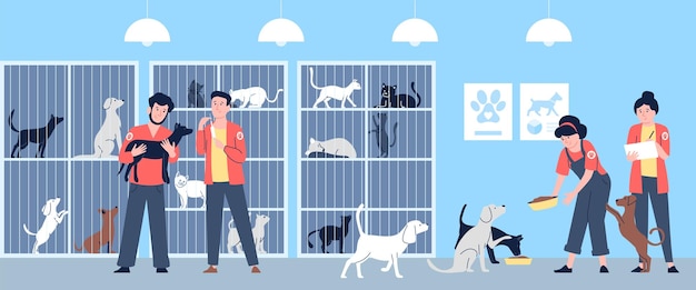 Animal shelter workers Volunteers feeding and doing vaccine homeless animals Cats and dogs in cages adoption and social recent vector scene
