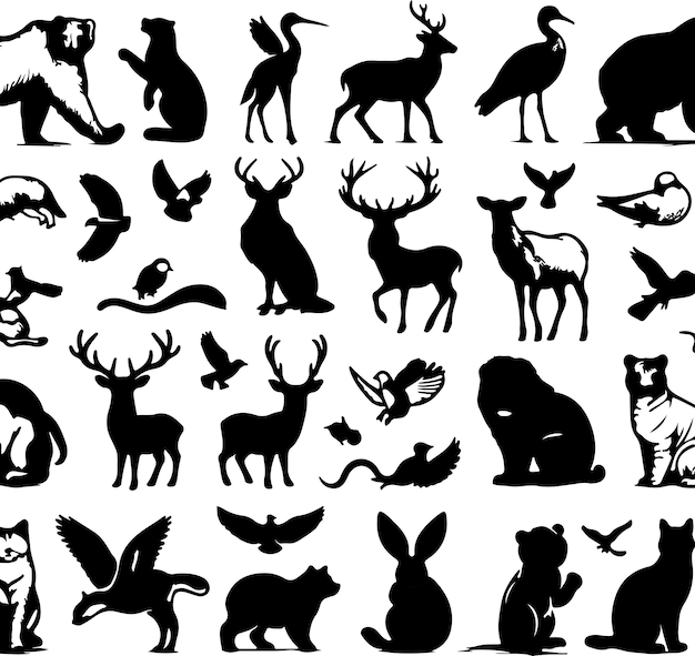 Vettore collezione di silhouette di animali set di silhouettes di animali neri icone di animali mammiferi pesci insetti