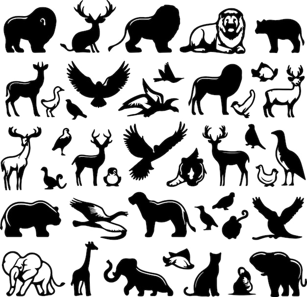 Animal silhouette collection Set of black animal silhouette Animal icons Mammal fish insects