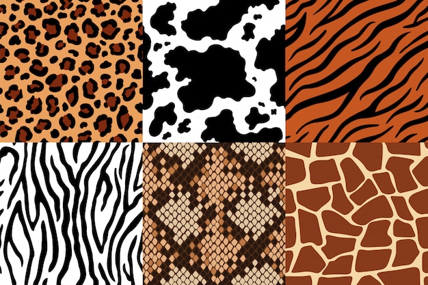 Animal skins pattern. Leopard leather, fabric zebra and tiger skin. Safari giraffe, cow print and snake seamless patterns  set