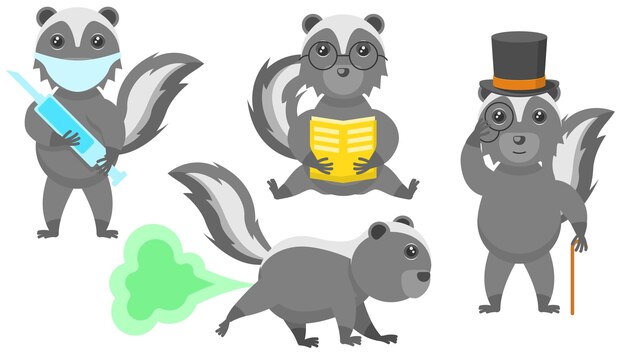 Animal Skunk Reading Book, Stinks, Masked Doctor With Syringe, In A Top Hat And With A Cane Vector