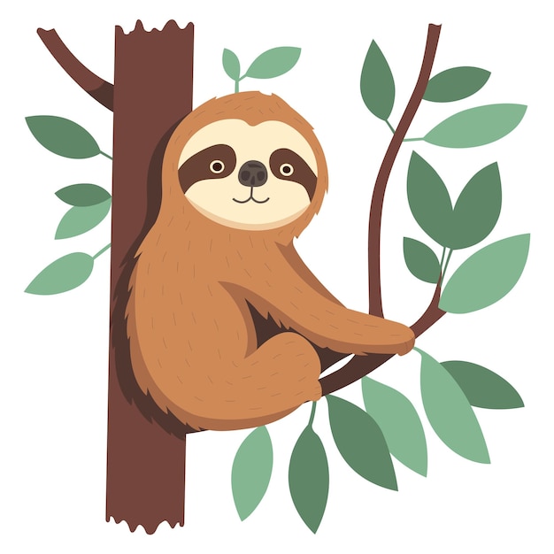 Animal sloth sits on a tree branch in the jungle and looks at us