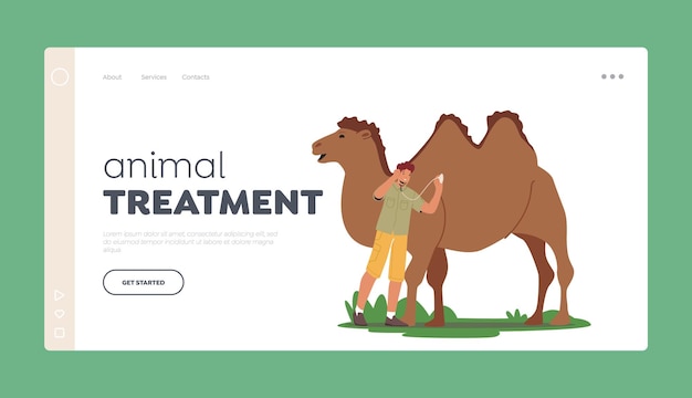 Animal treatment landing page template zoologist male character listen heart of camel with stethoscope animal living