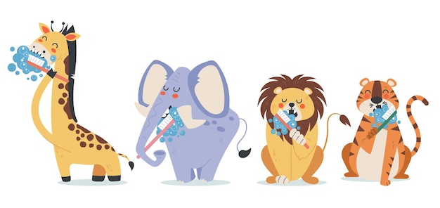 Animal wash clean teeth cute isolated characters dental toothbrush healthy concept