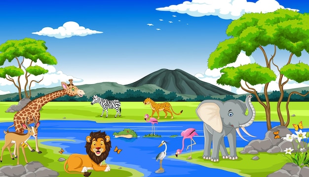 animal wildlife cartoon with landscape background