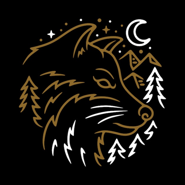 Progettazione animale della maglietta di arte di wolf night line graphic illustration vector