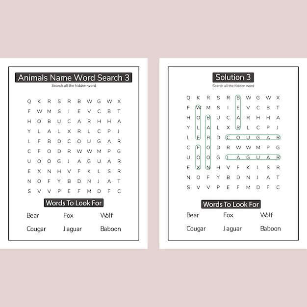Animal word search KDP interior puzzle activity book for kids