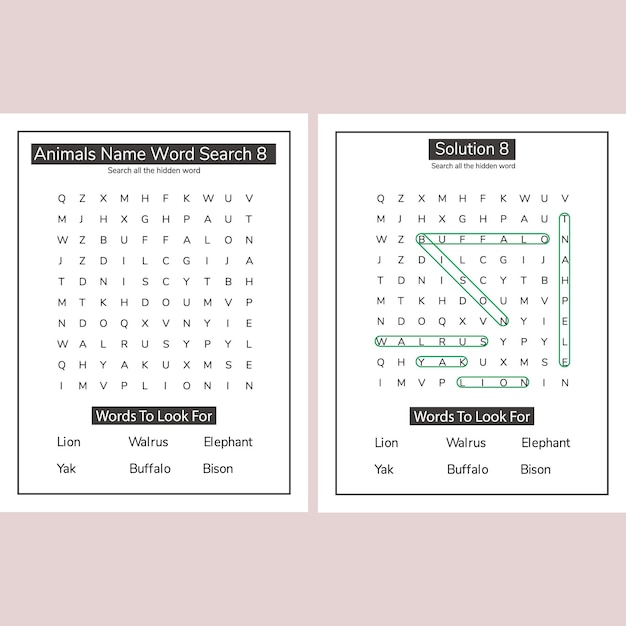 Animal word search KDP interior puzzle activity book for kids