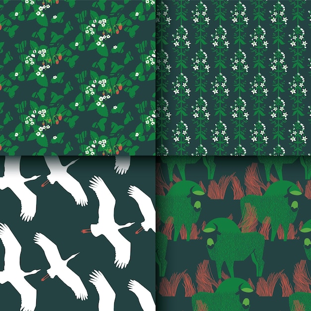 Vector animalistic and floral collection of patterns in green white and red