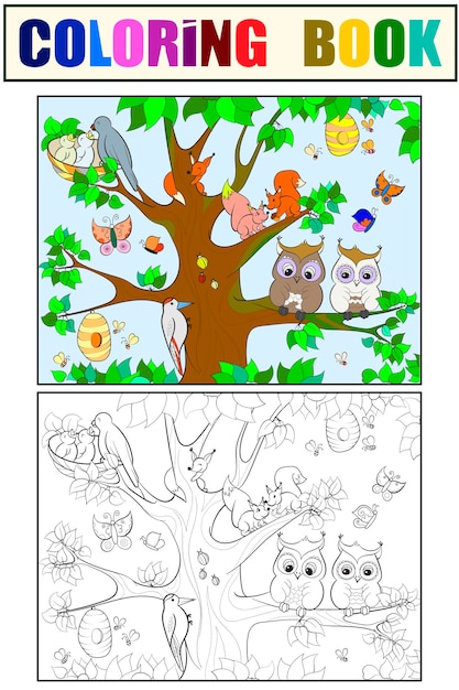 Animals and birds living on the tree coloring for children cartoon vector illustration