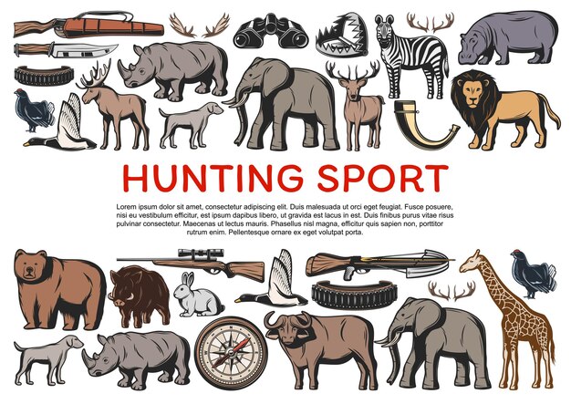 Vettore armi per animali e uccelli per la caccia alle icone dello sport