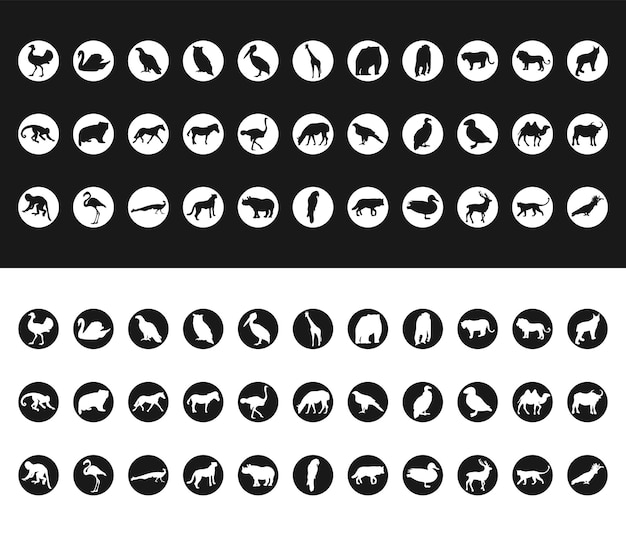 Animals and birds zoo A set of isolated icons a blackandwhite logo on a whiteandblack background