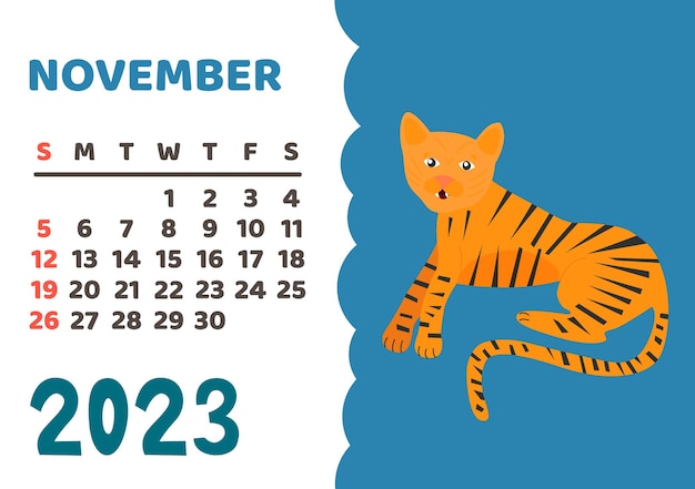 Вектор Календарь животных 2023 симпатичный месячный календарь с разными животными, забавными персонажами леса и саванны, детский плакат, векторный альманах, ноябрьский тигр